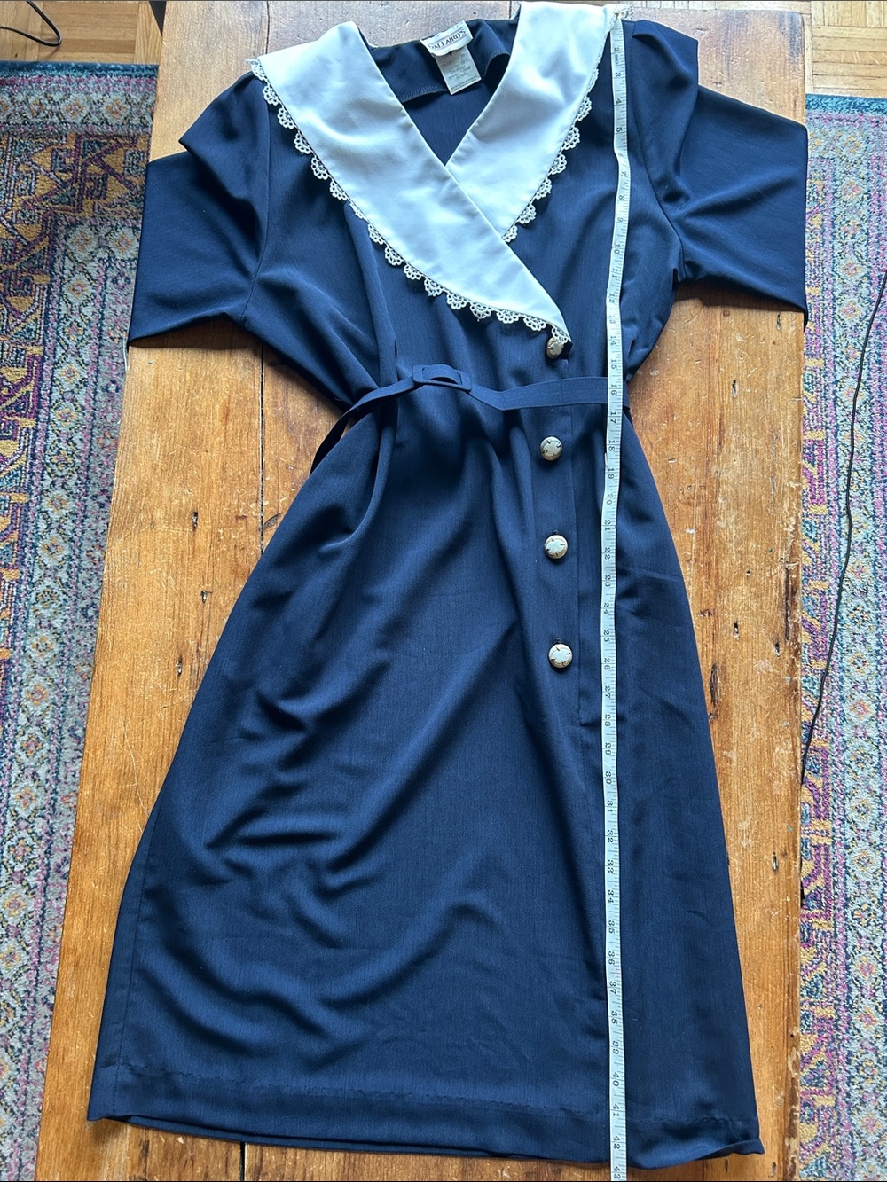 Vintage Navy Sailor Collar Dress • Lace Trim • Belted Wrap Style • Cottagecore - Picture 8 of 11